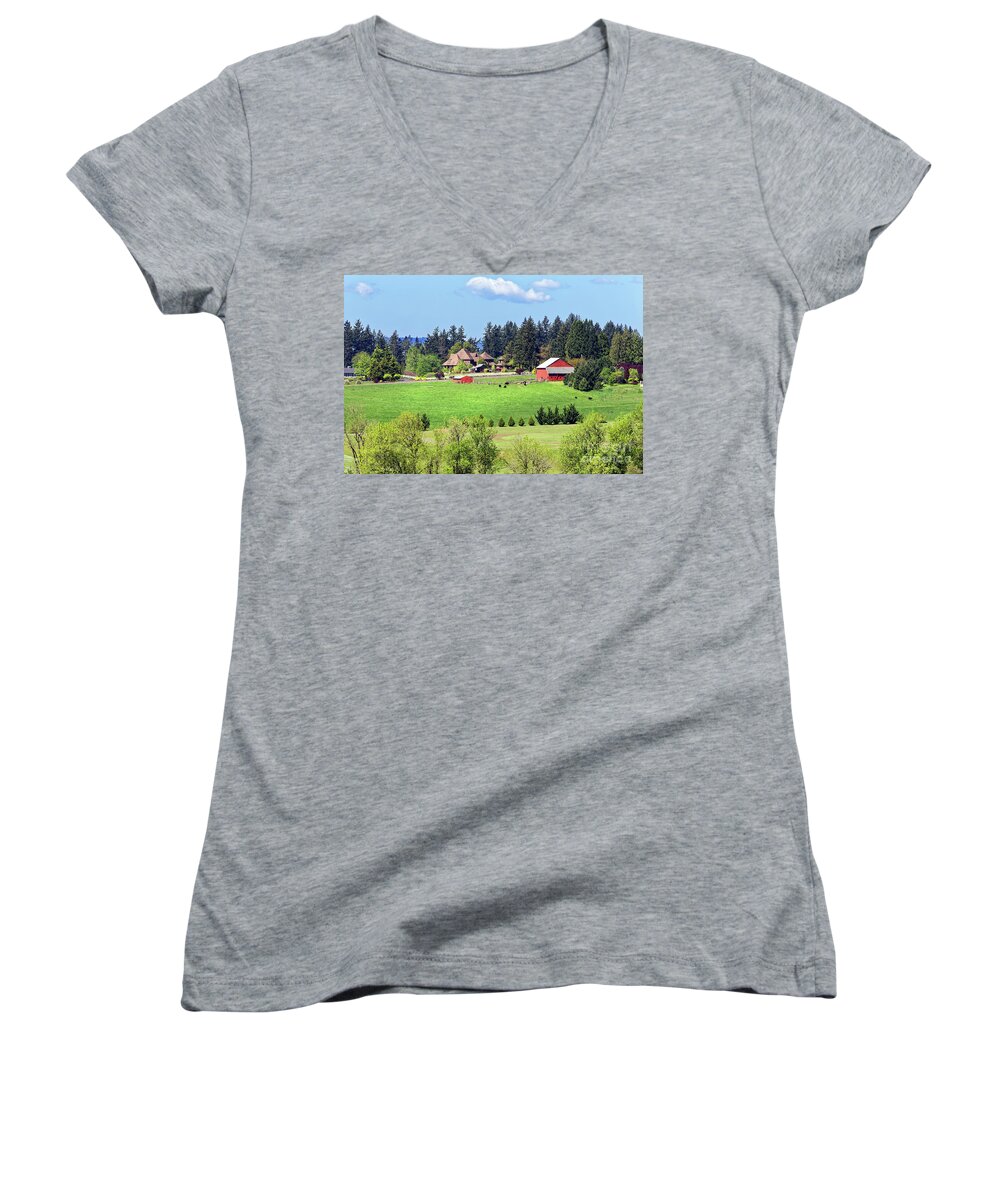 Rural Home Women's V-Neck featuring the photograph Rural home barn pasture cattle Wilsonville Oregon by Robert C Paulson Jr