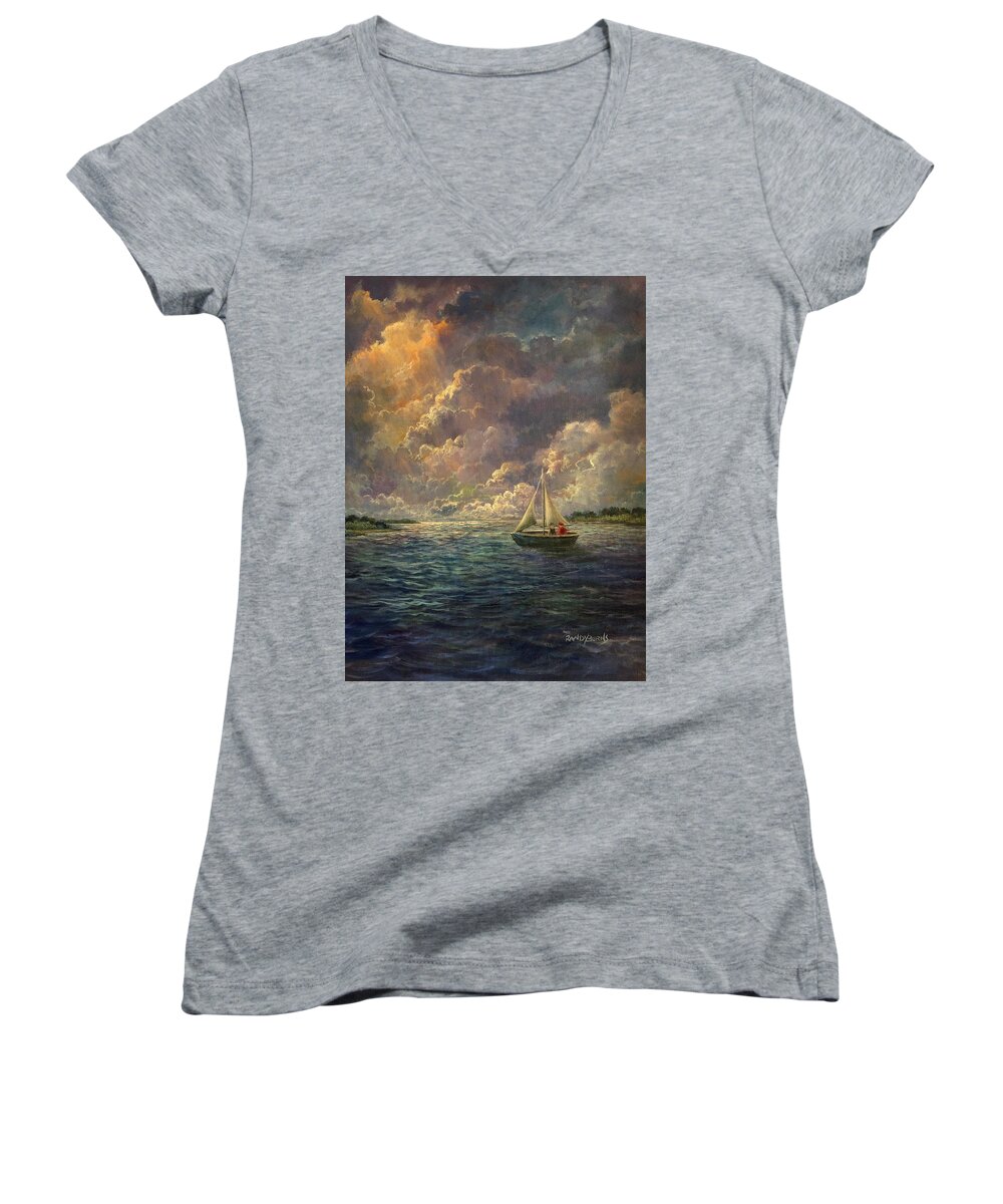 Sailing Women's V-Neck featuring the painting Sailing The Divine Light by Rand Burns