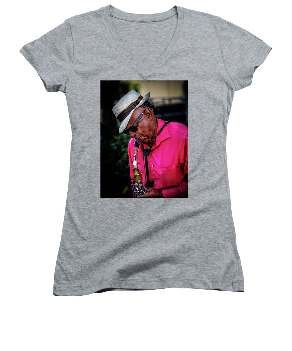 French Quarter Women's V-Neck featuring the photograph Sax On The Street by Greg and Chrystal Mimbs