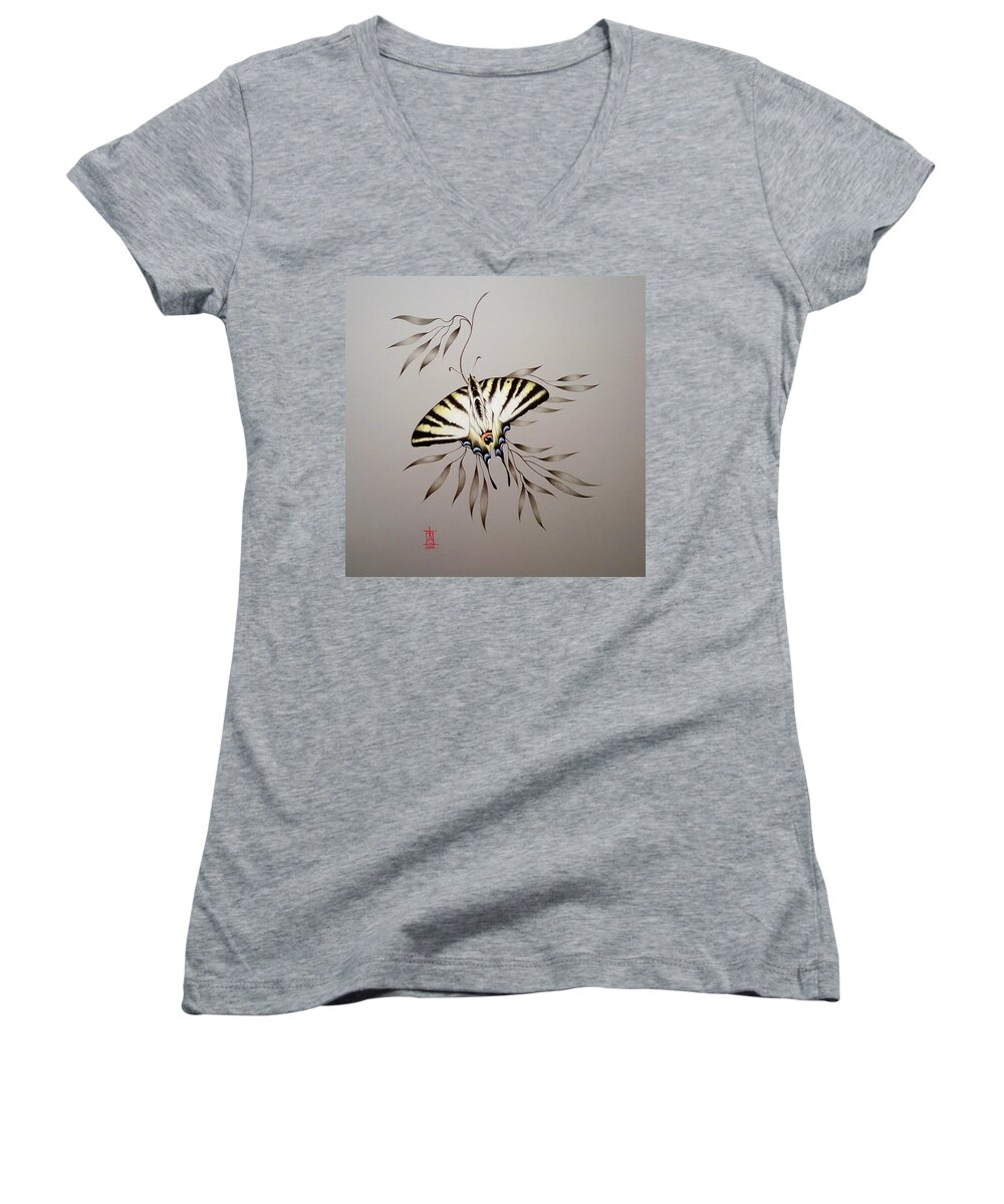 Russian Artists New Wave Women's V-Neck featuring the painting Scarce Swallowtail on Bamboo by Alina Oseeva