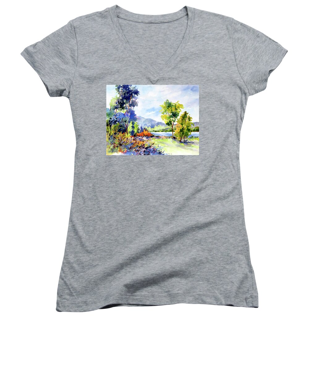 Landscape Women's V-Neck featuring the painting Shadow Drift At The Lake by Rae Andrews