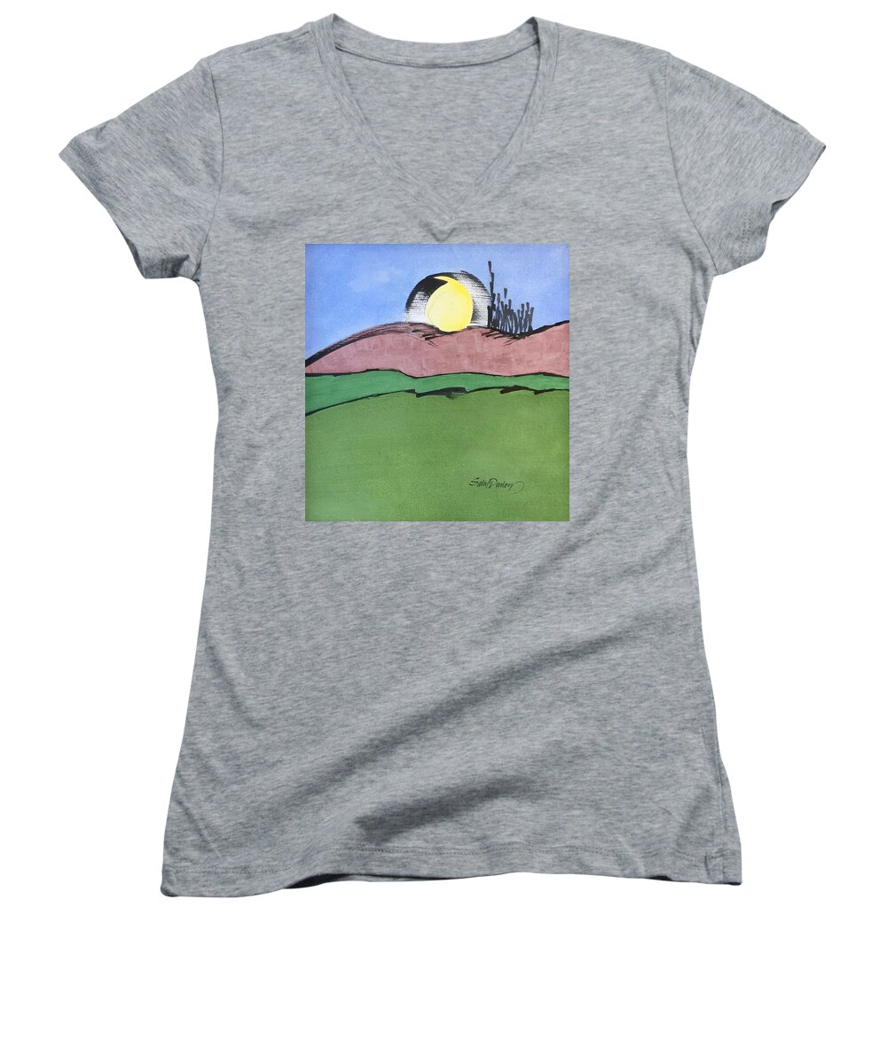 Sumi Ink Images Women's V-Neck featuring the drawing Shine On, Harvest Moon by Sally Penley