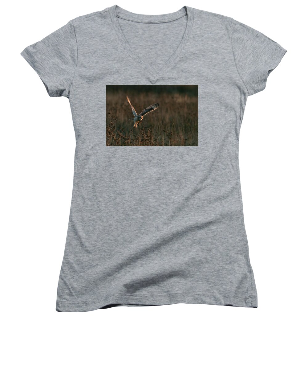 Flyladyphotographybywendycooper Women's V-Neck featuring the photograph Short Eared Owl Liftoff by Wendy Cooper