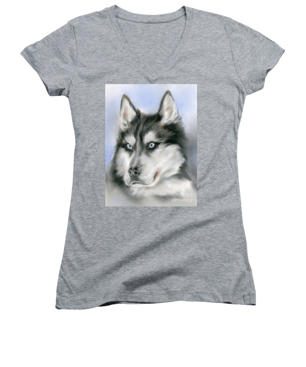 Animal Women's V-Neck featuring the painting Siberian Husky Dog Portrait by MM Anderson