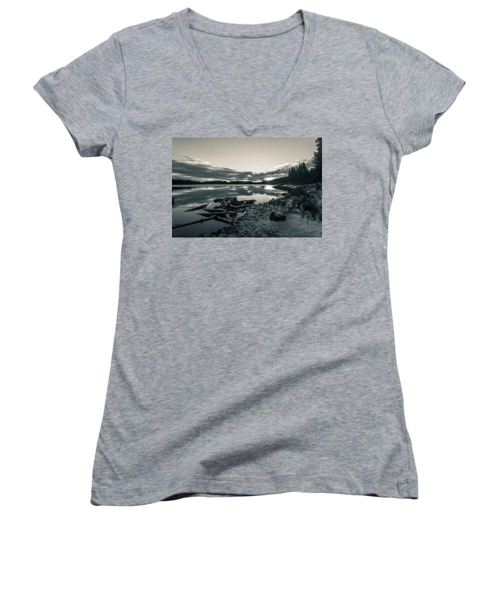 Lake Women's V-Neck featuring the photograph Silver Sunrise by Alex Lapidus
