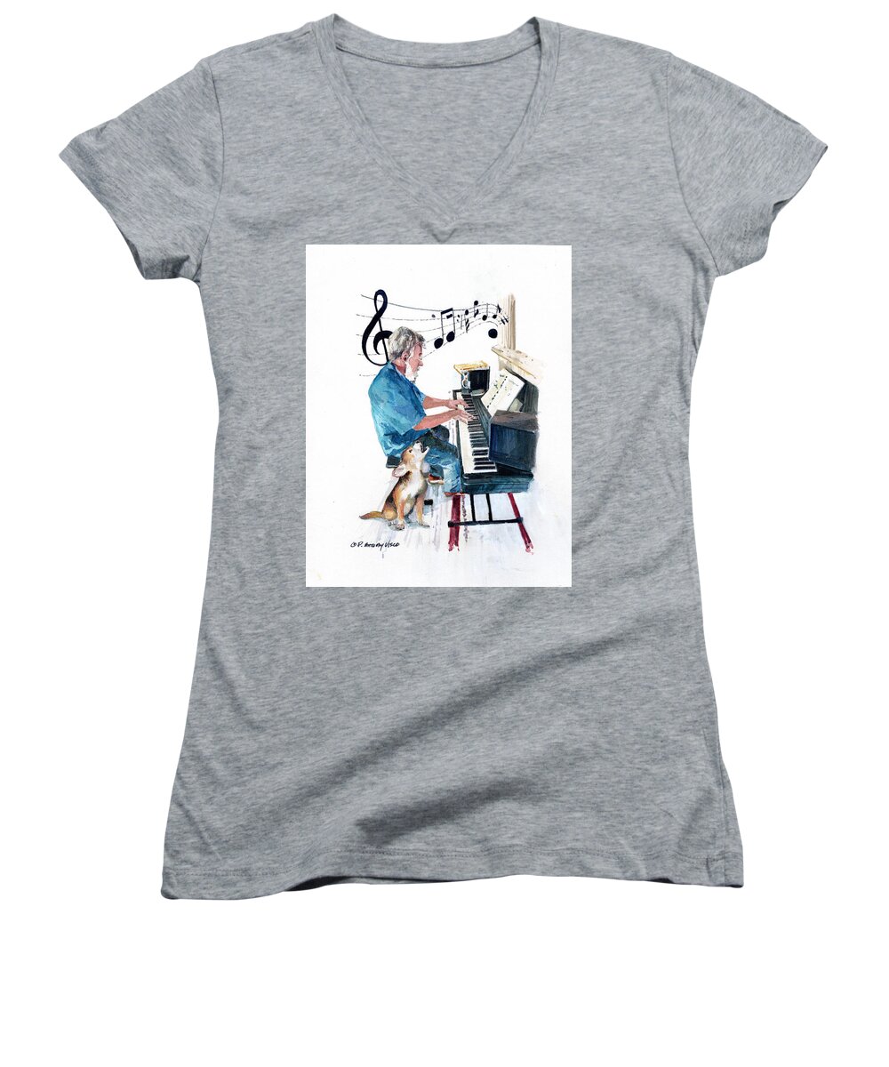 Plymouth Ma Artist Women's V-Neck featuring the painting Sing along with Dobby by P Anthony Visco