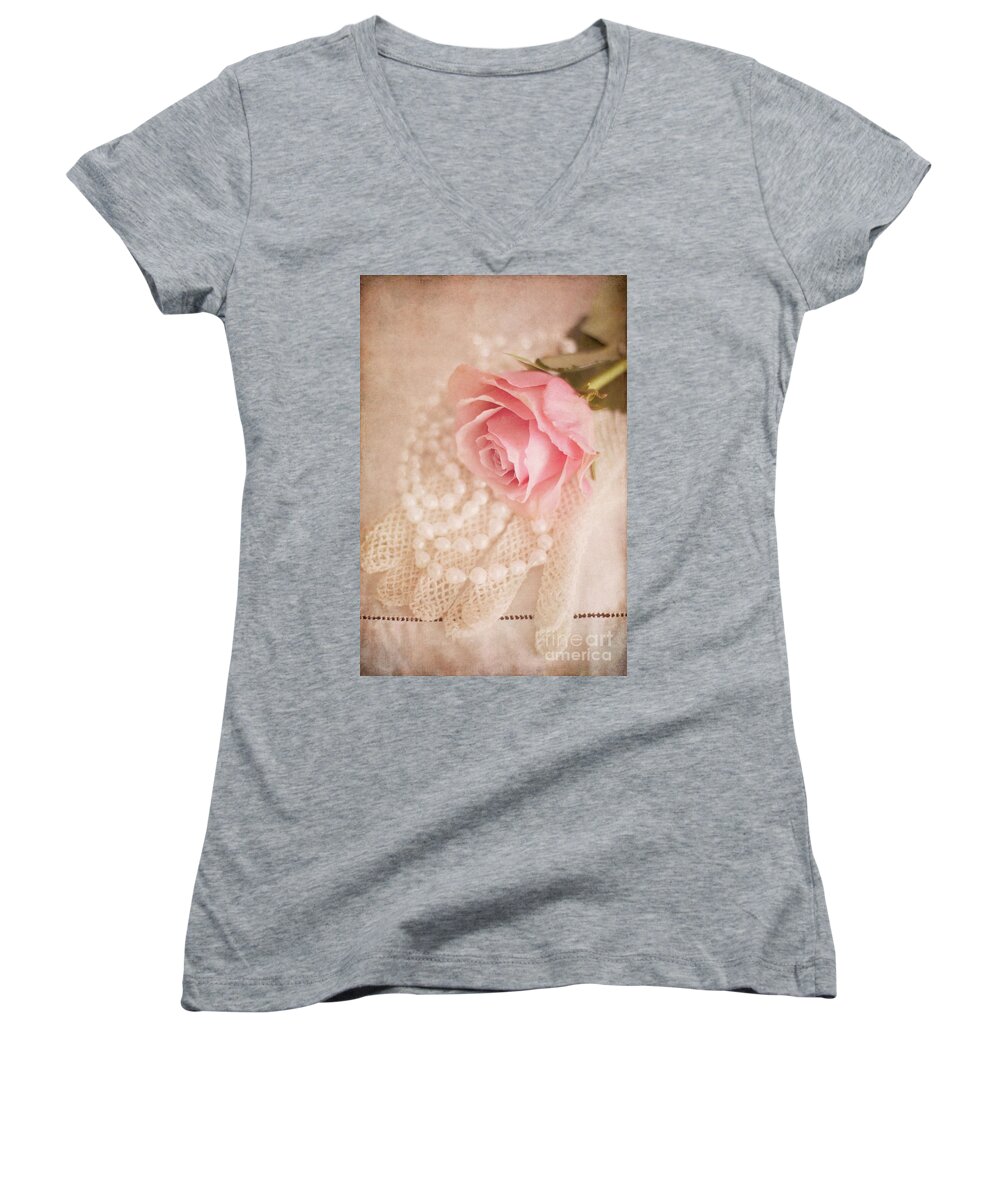 Rose Women's V-Neck featuring the photograph Single Pink Rose With Lace Gloves And White Pearls by Ethiriel Photography