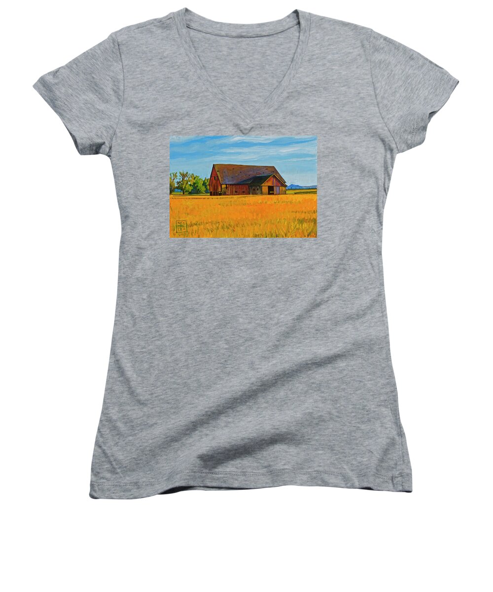 Landscape Women's V-Neck featuring the painting Skagit Valley Barn #9 by Stacey Neumiller