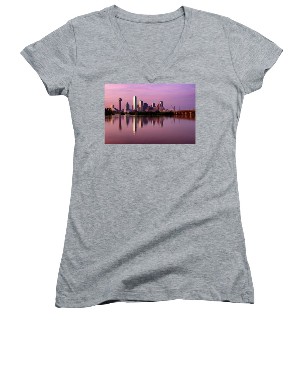 Cityscape Women's V-Neck featuring the photograph Skyline Sunset by Debby Richards