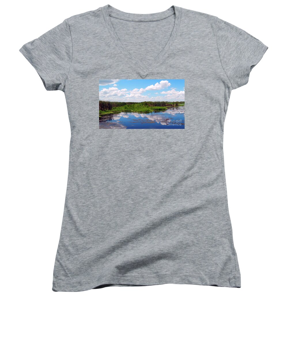 Beautiful Women's V-Neck featuring the photograph Skyscape Reflections Blue Cypress Marsh near Vero Beach Florida C6 by Ricardos Creations
