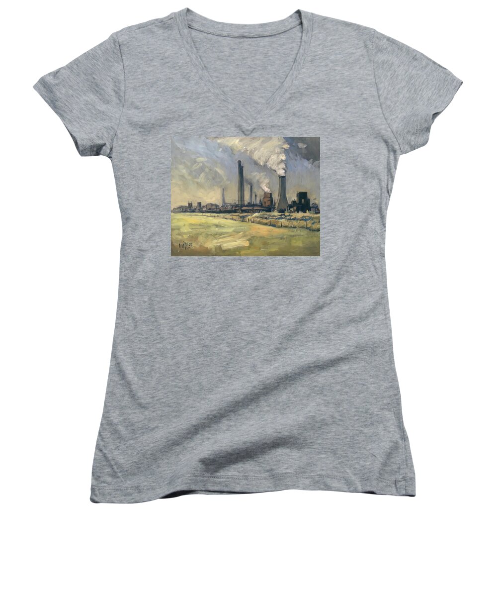 Prins Maurits Mijn Women's V-Neck featuring the painting Smoke stacks Prins Maurits mine by Nop Briex