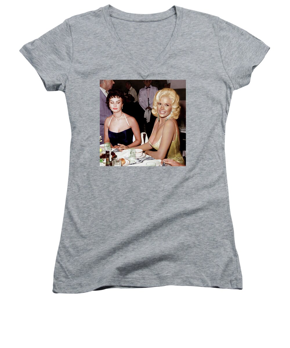 Jayne Mansfield Women's V-Neck featuring the photograph Sophia Loren and Jayne Mansfield 1957 - In Color by Doc Braham