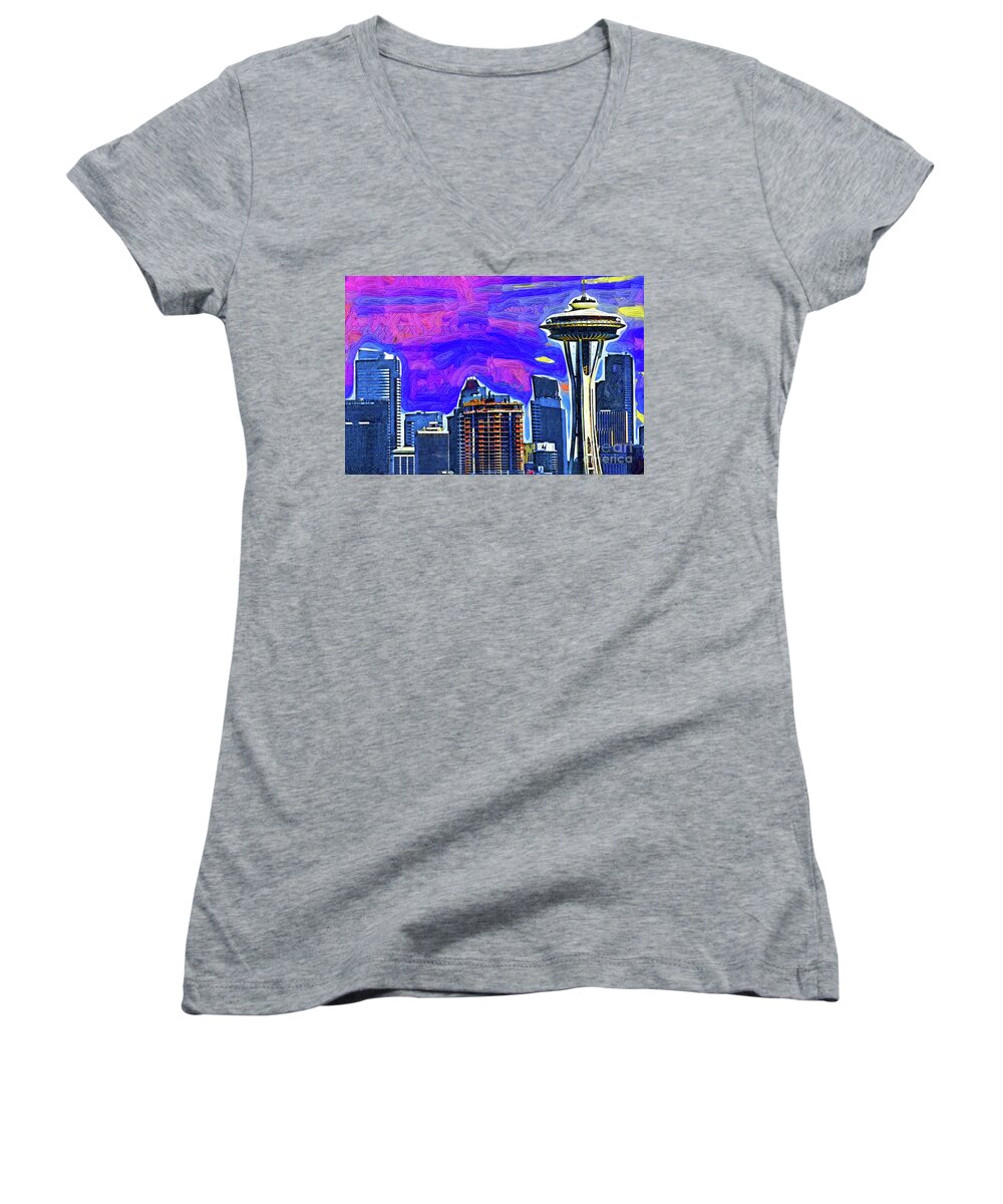 Space Needle Women's V-Neck featuring the digital art Space Needle Fauvism Style by Kirt Tisdale