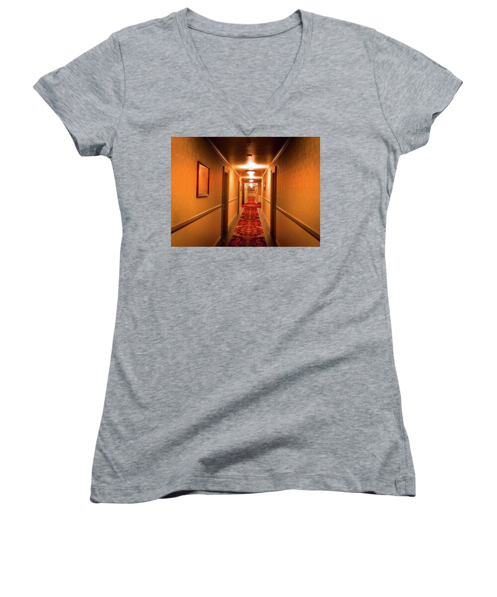 Hallway Women's V-Neck featuring the photograph Stanley Hotel Hallway by Elaine Webster