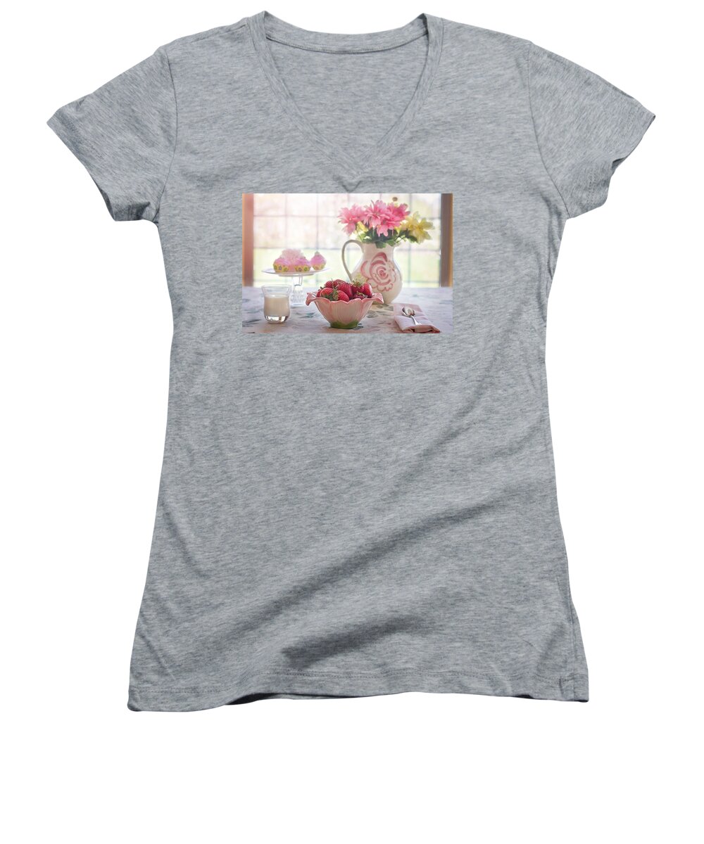 Cute Women's V-Neck featuring the photograph Strawberry breakfast by Top Wallpapers