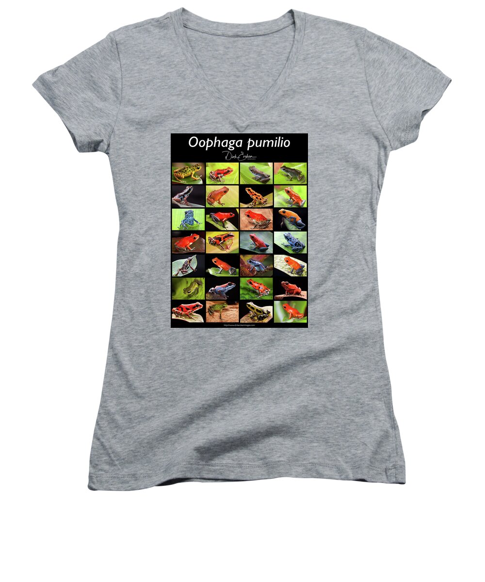 Strawberry Dart Frog Women's V-Neck featuring the photograph Strawberry poison dart frog morphs by Dirk Ercken