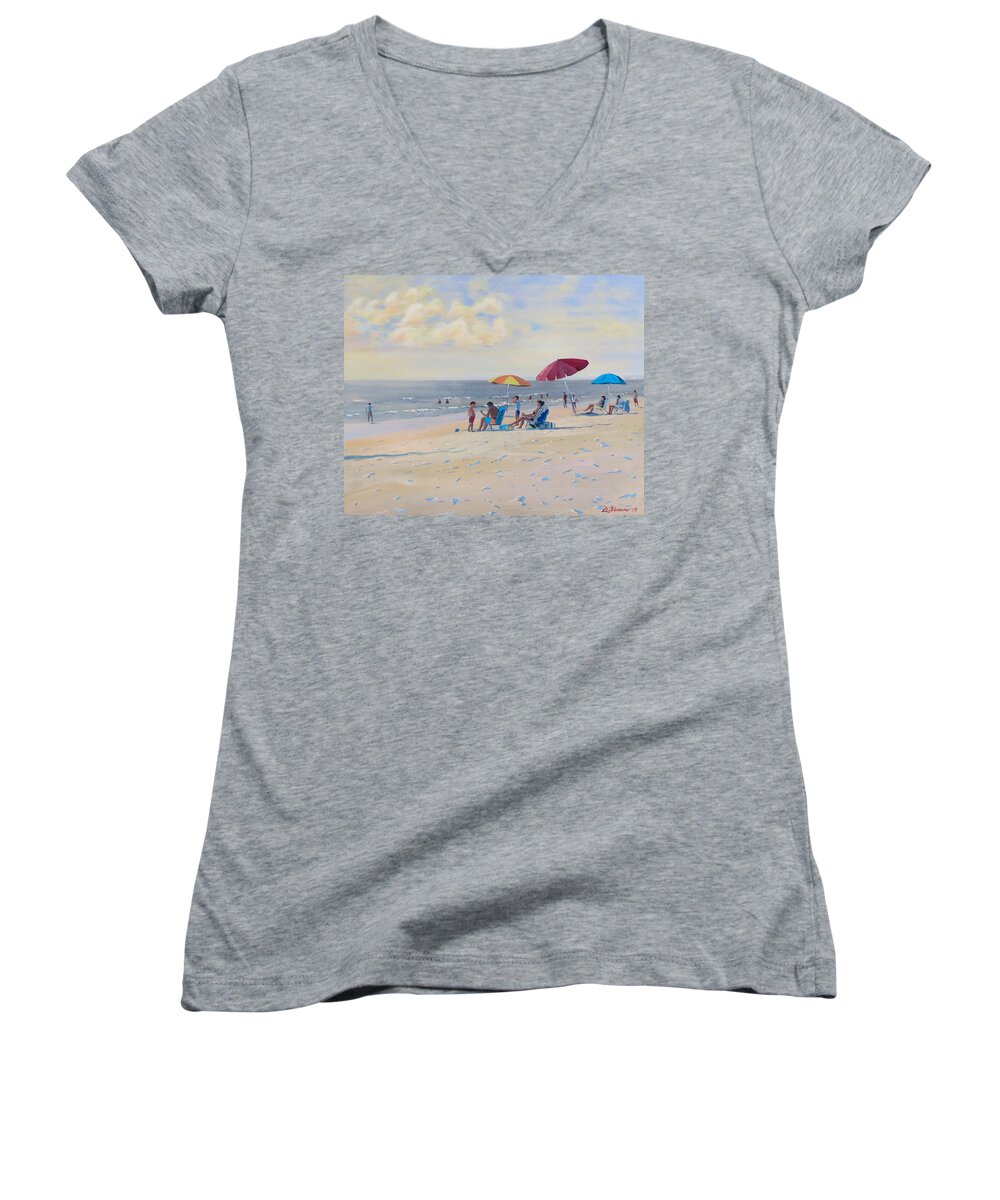 Spring Women's V-Neck featuring the painting Sunset Beach Observers by David Gilmore
