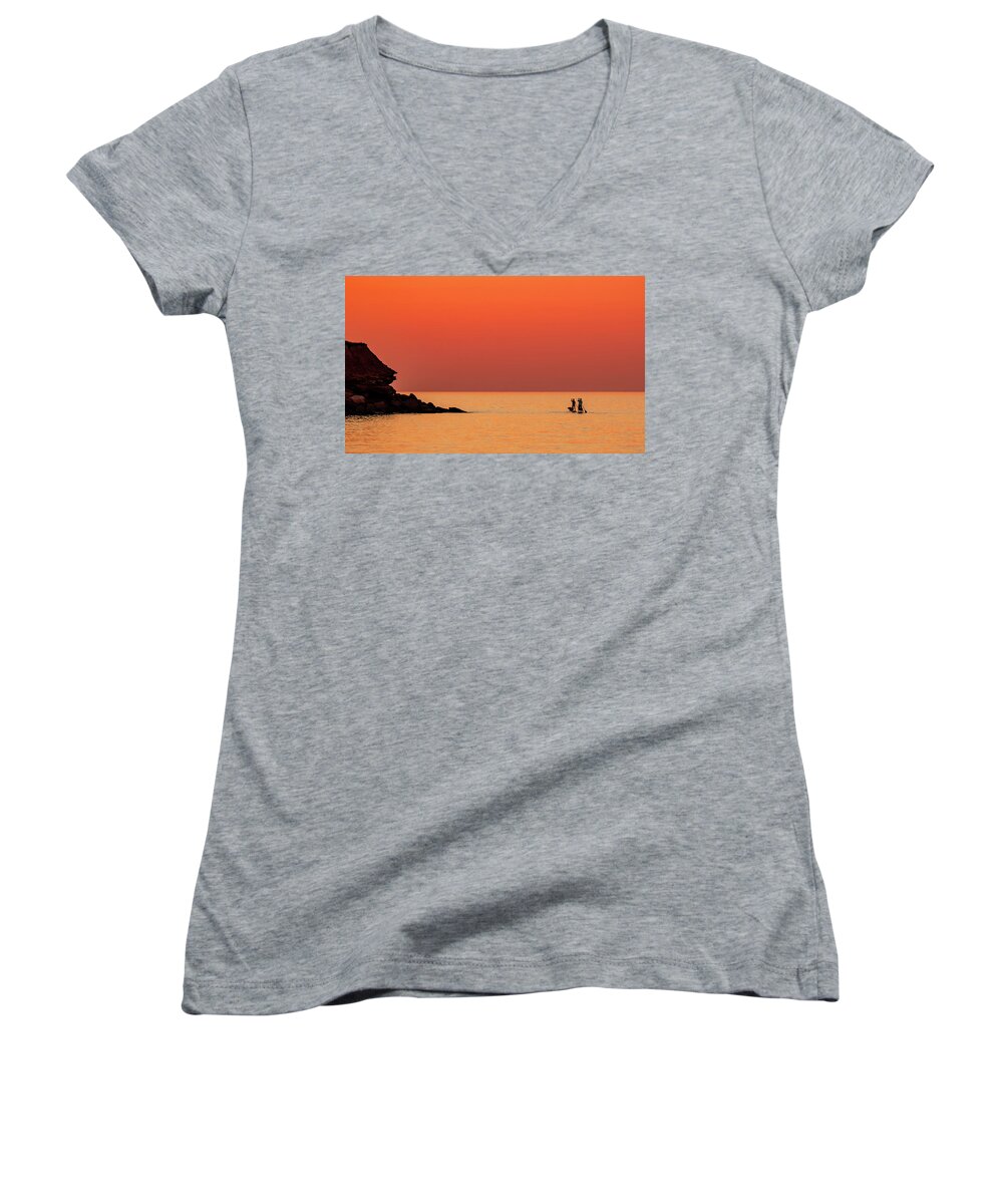 Pei Women's V-Neck featuring the photograph Sunset, Ocean, Paddle Boards, and Dogs by Marcy Wielfaert
