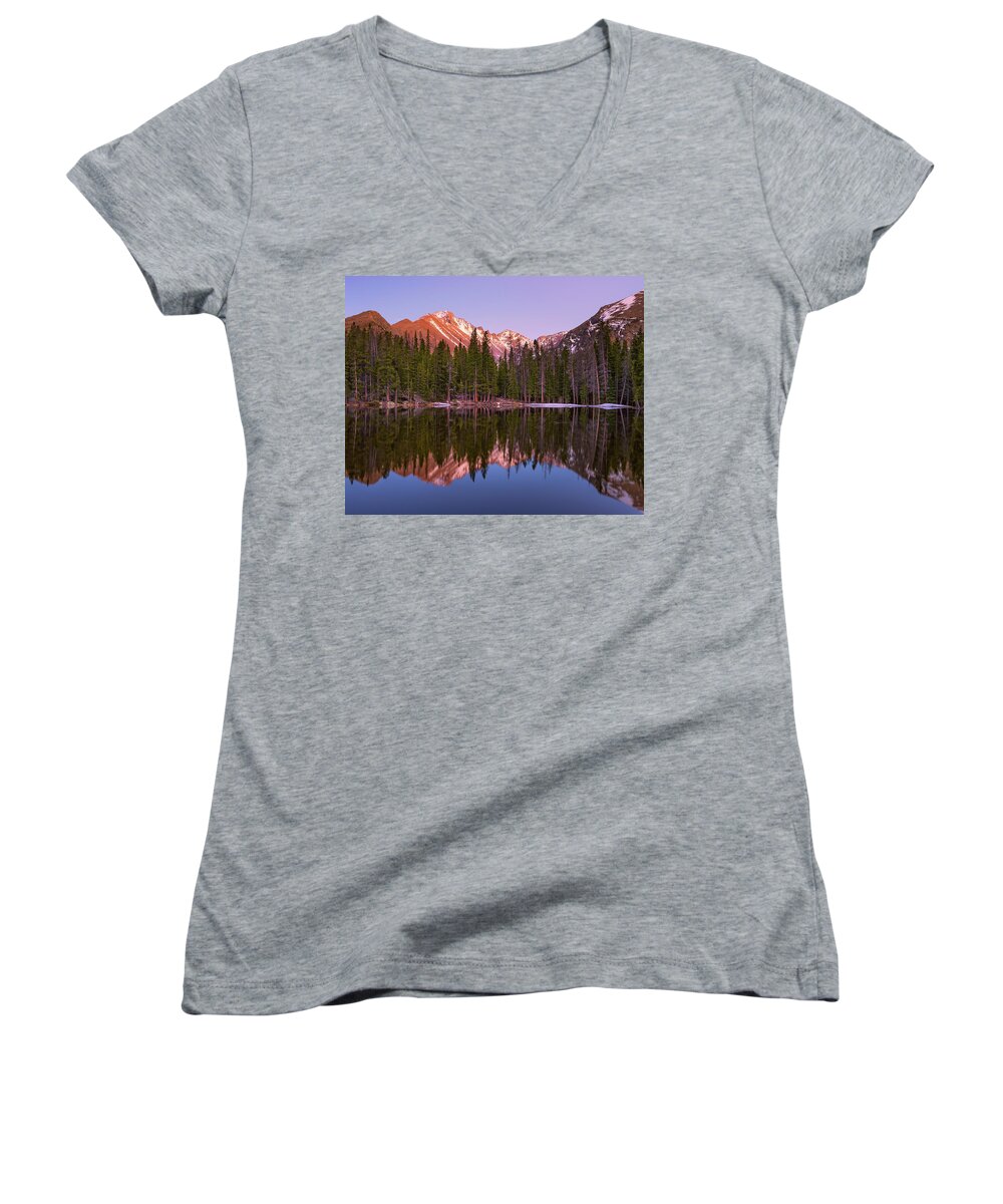 Colorado Women's V-Neck featuring the photograph Sunset over Longs Peak by Darren White
