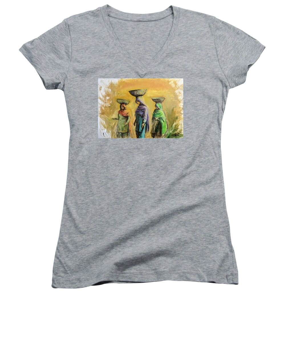 Punjab Women's V-Neck featuring the painting Sunset three by Art of Raman