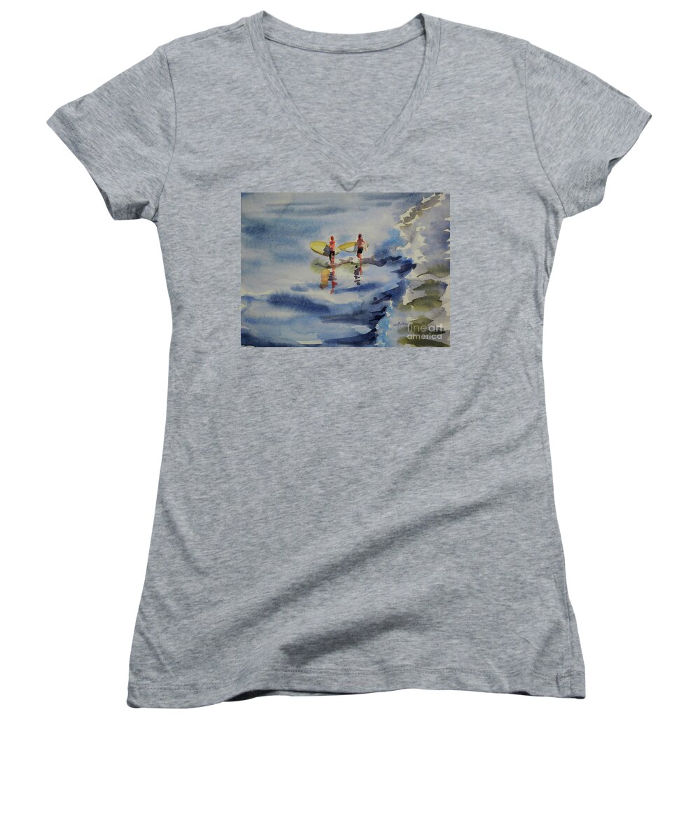 Watercolor Paintings Women's V-Neck featuring the painting Surfer boys by Julianne Felton