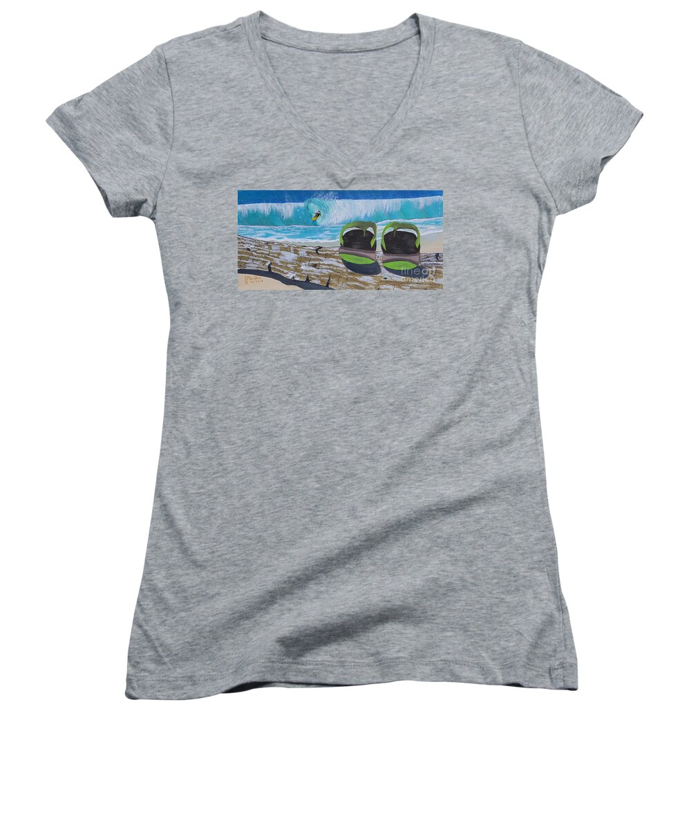 Surf's Up Women's V-Neck featuring the painting Surf's Up, Sandals Down by Elizabeth Mauldin