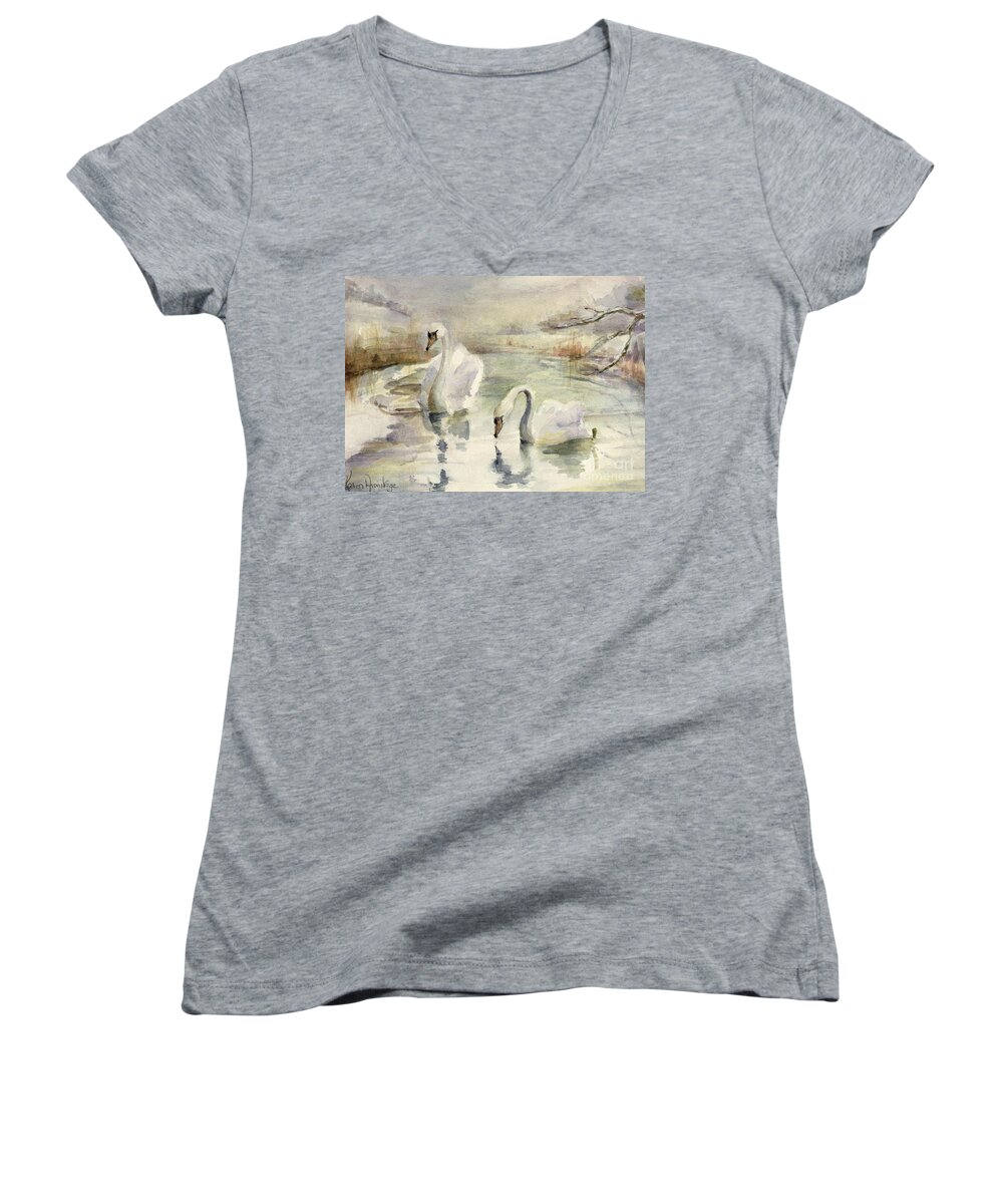 Swan Women's V-Neck featuring the painting Swans in Winter by Karen Armitage