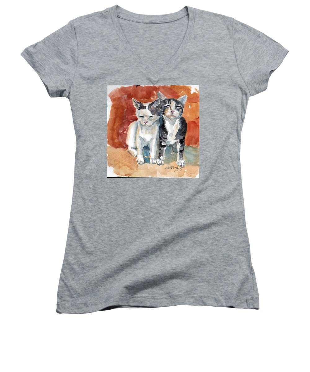 Two Of Ernesto's Kittens Women's V-Neck featuring the painting Sweet Kittens by Mimi Boothby