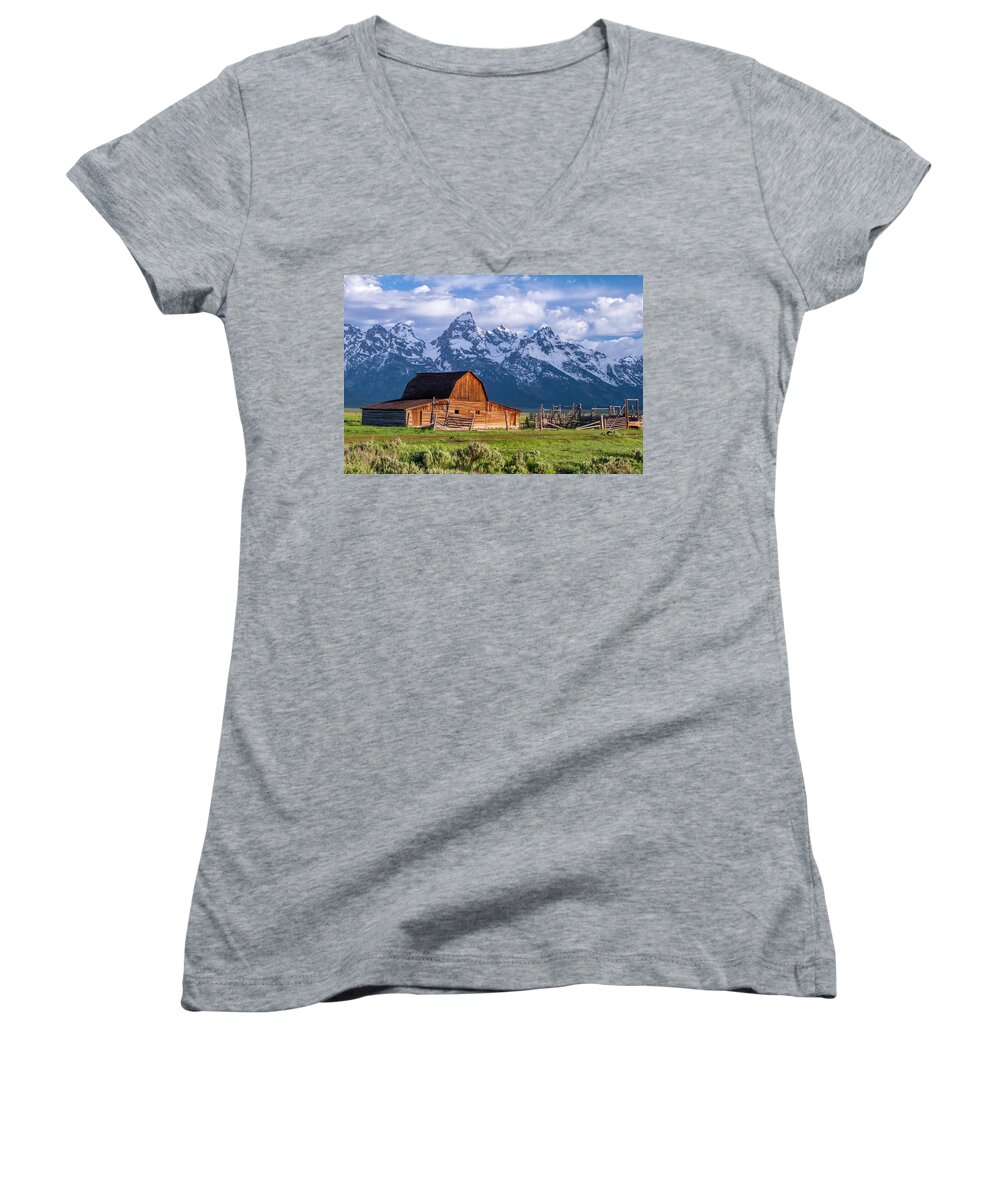 Mountains Women's V-Neck featuring the photograph Tetons in the Backyard by Harriet Feagin