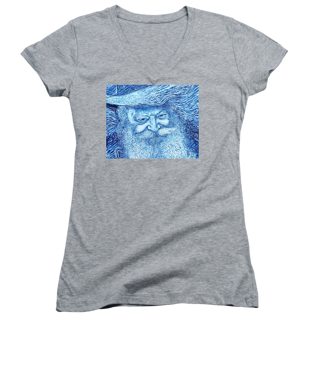 Rabbi Women's V-Neck featuring the painting The Lubavitcher Rebbe Blue by Yom Tov Blumenthal