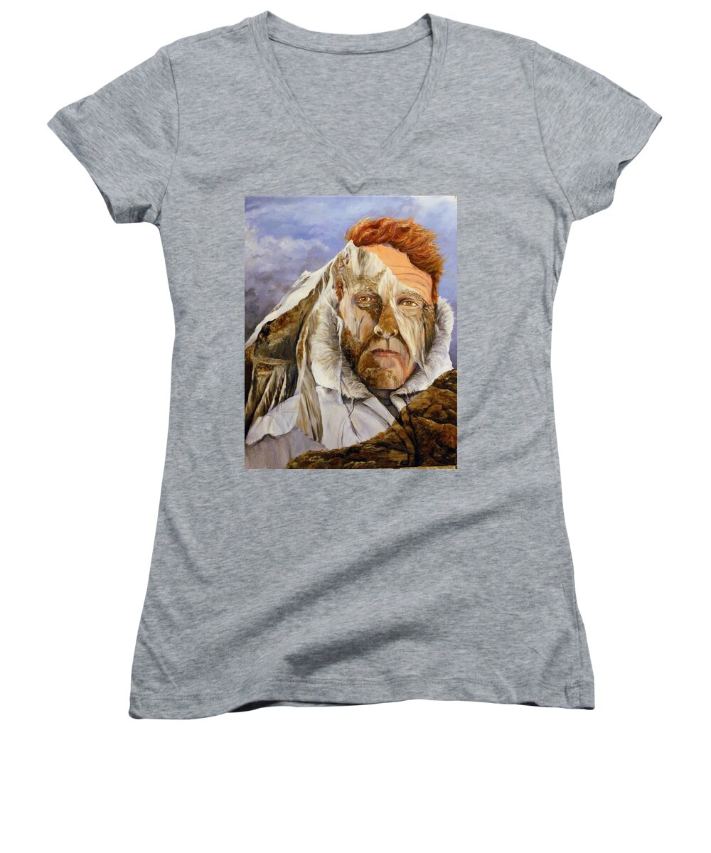 Mountain Women's V-Neck featuring the painting The Man and the Mountain by Margaret Zabor