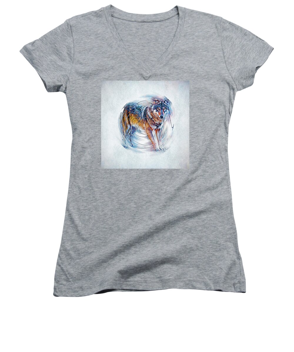 Wolf Women's V-Neck featuring the digital art Timber Wolf by Ian Mitchell