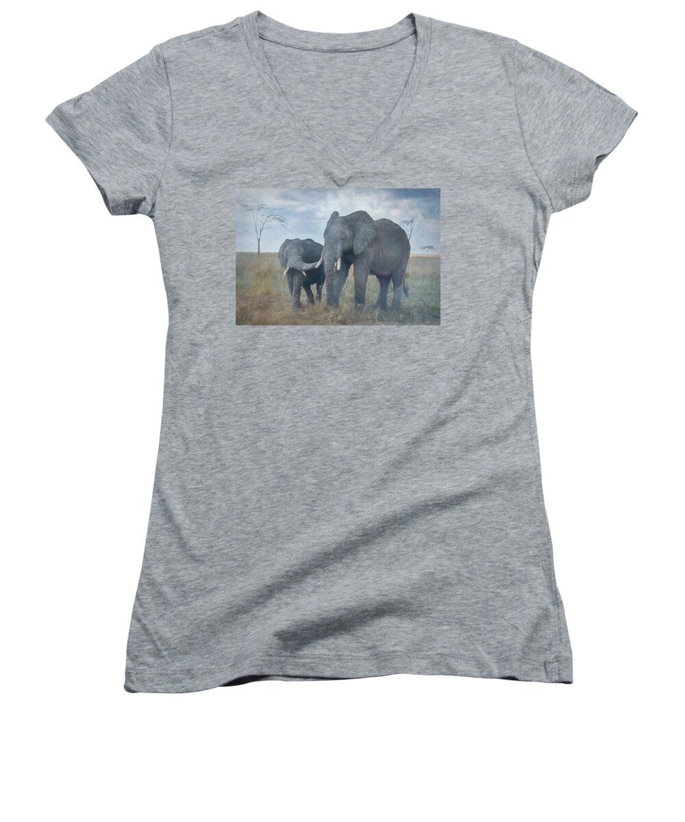 African Elephant Women's V-Neck featuring the digital art Together Forever by Teresa Wilson