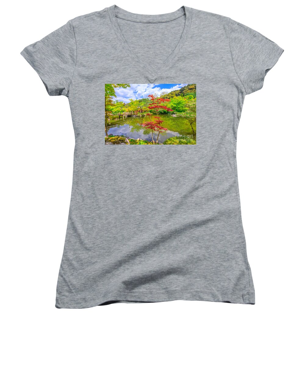 Kyoto Women's V-Neck featuring the photograph Torii Gate in Eikando by Benny Marty