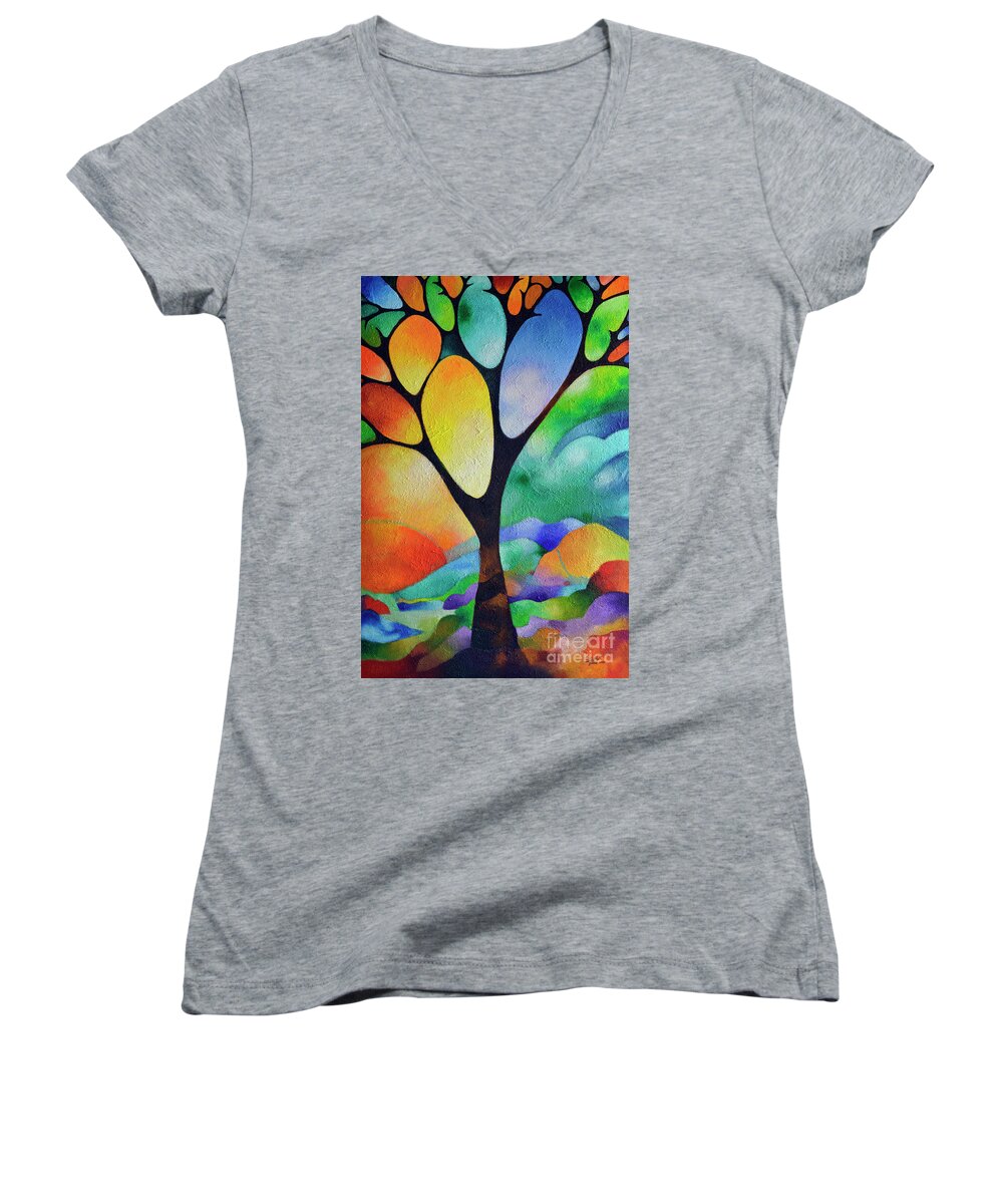 Abstract Women's V-Neck featuring the painting Tree of Joy by Sally Trace