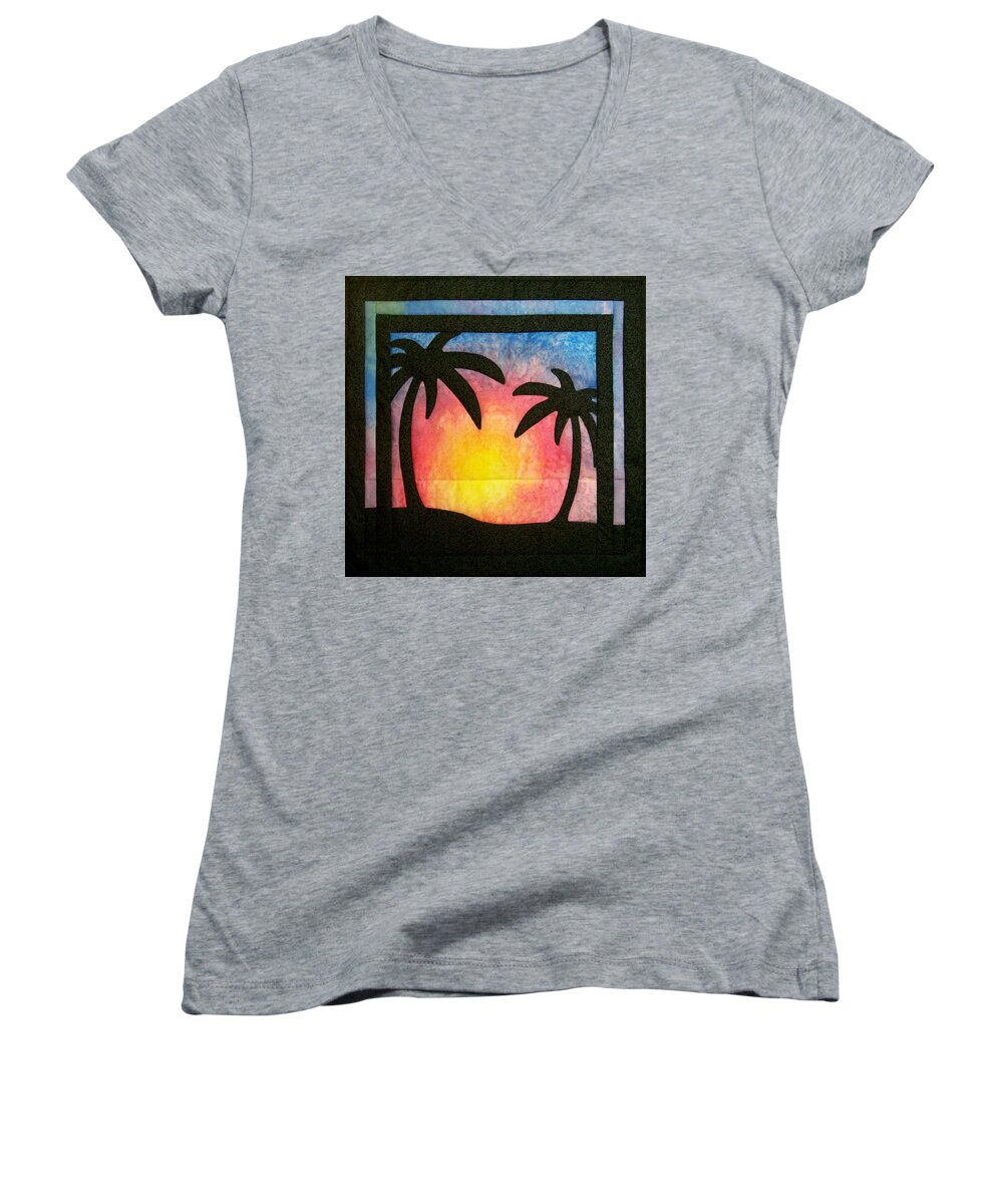 Art Quilt Women's V-Neck featuring the tapestry - textile Tropical Sunset by Pam Geisel