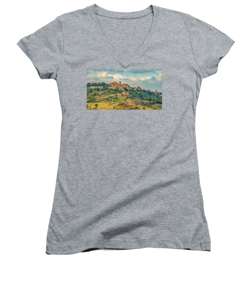 Montepulciano Women's V-Neck featuring the photograph Tuscan Hill Town by Marcy Wielfaert