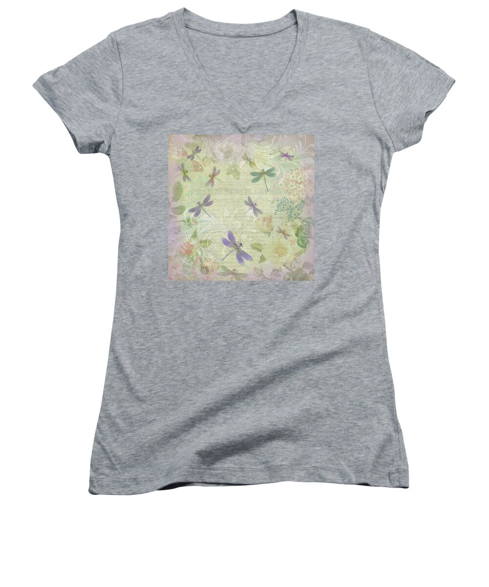 Botanical Women's V-Neck featuring the mixed media Vintage Botanical Illustrations and Dragonflies by Peggy Collins