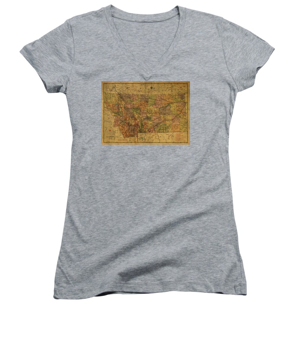  Vintage Women's V-Neck featuring the mixed media Vintage State Map Montana 1958 Atlas by Design Turnpike