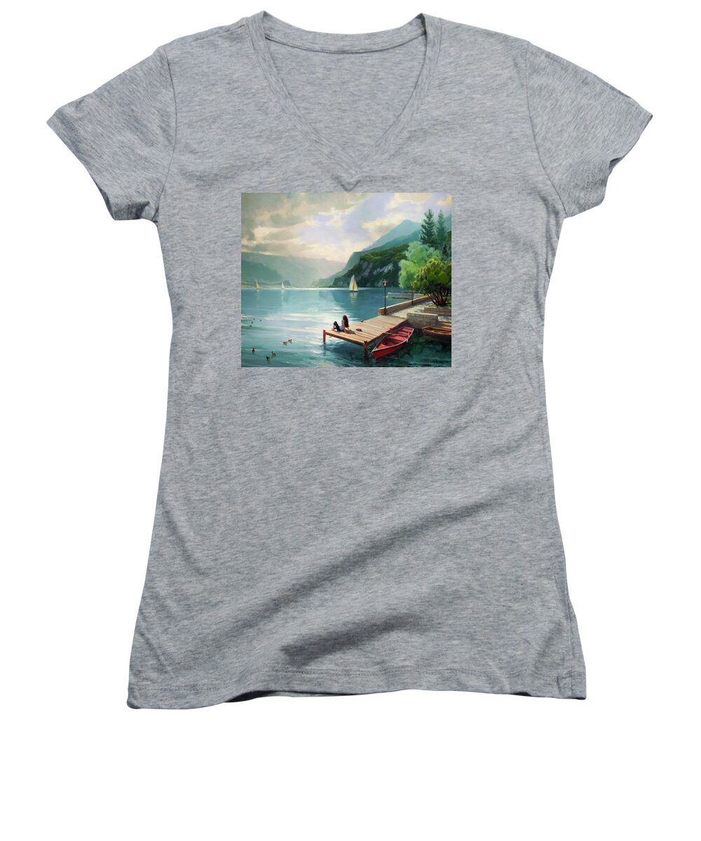 Switzerland Women's V-Neck featuring the painting Visions of Switzerland by Steve Henderson