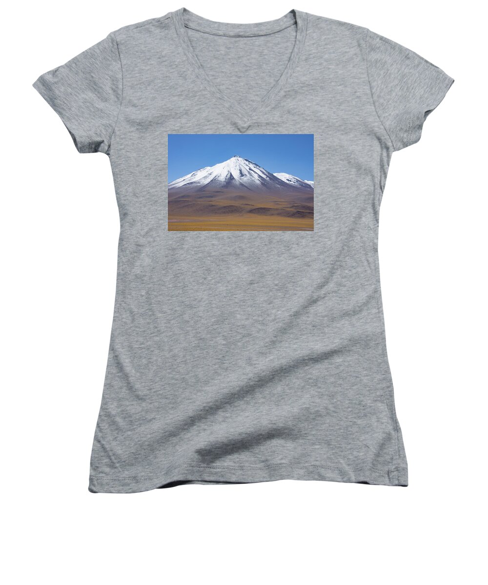 Chile Women's V-Neck featuring the photograph Volcano on the Altiplano by Mark Hunter