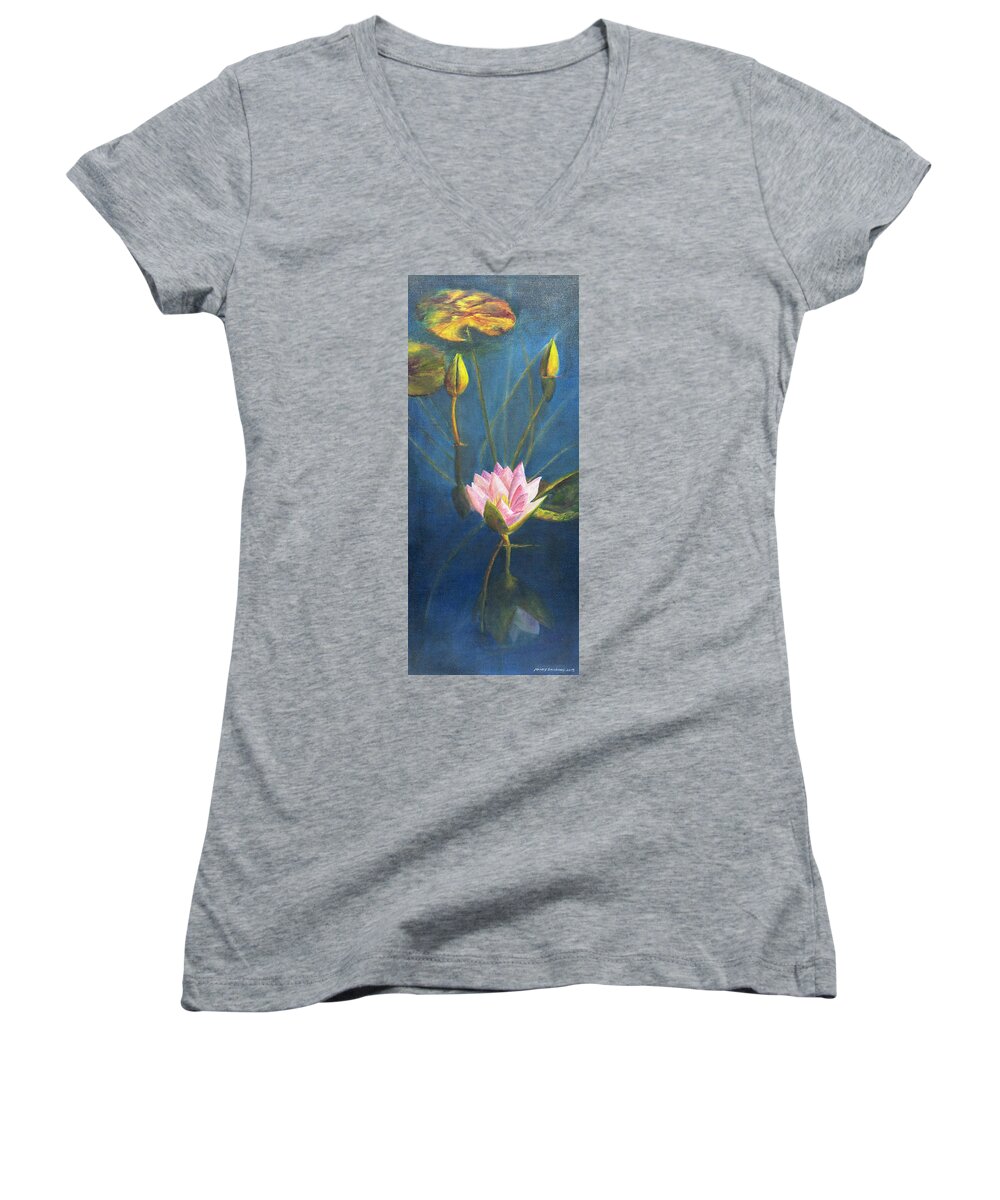 Flower Women's V-Neck featuring the painting Water Lily by Nancy Strahinic