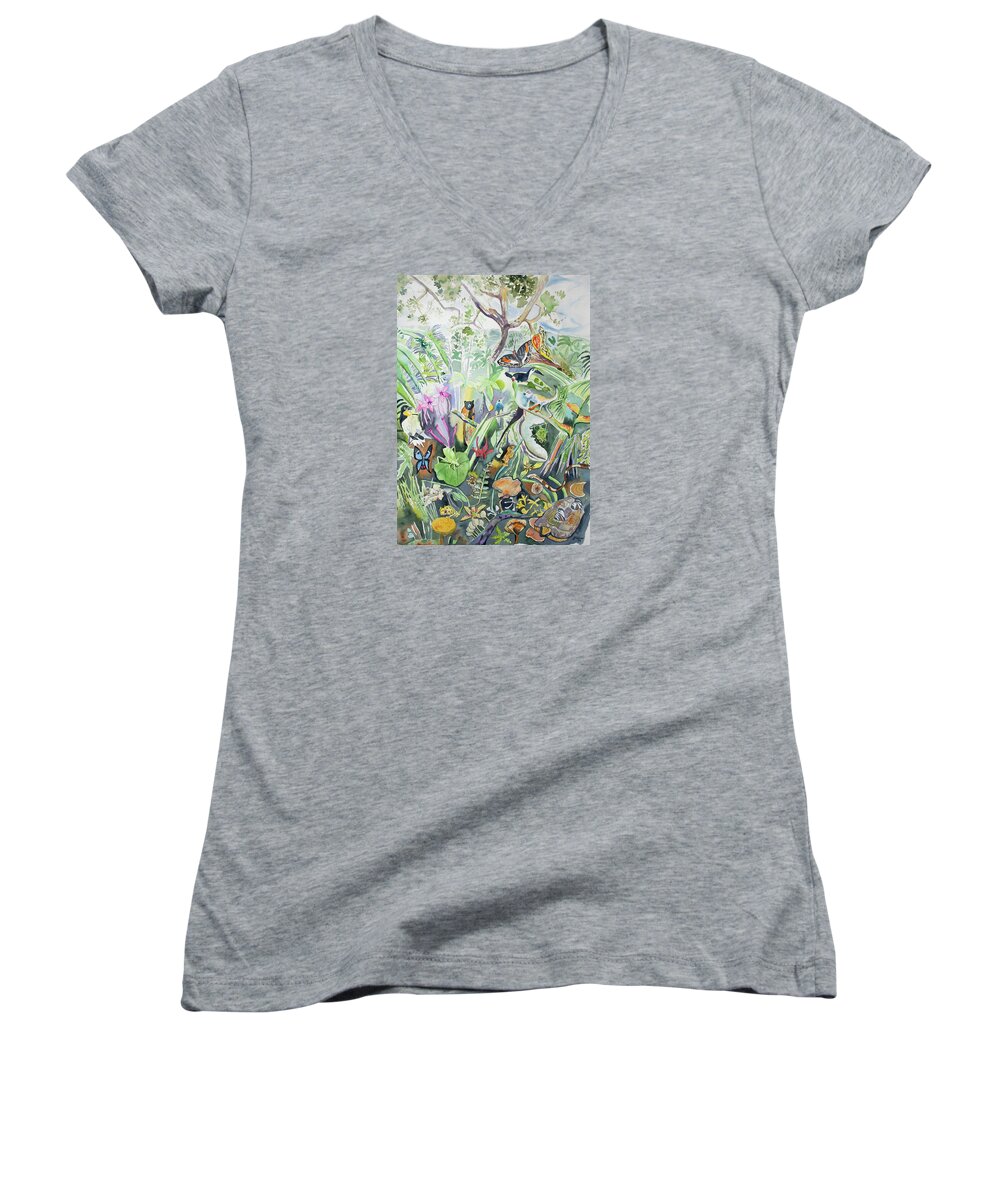 Amazon Women's V-Neck featuring the painting Watercolor - Amazon Rainforest Design by Cascade Colors