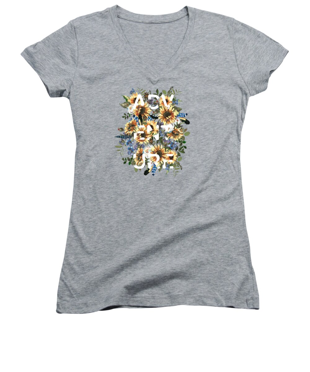 Sunflowers Women's V-Neck featuring the painting Watercolour Sunflowers Adventure typography by Georgeta Blanaru
