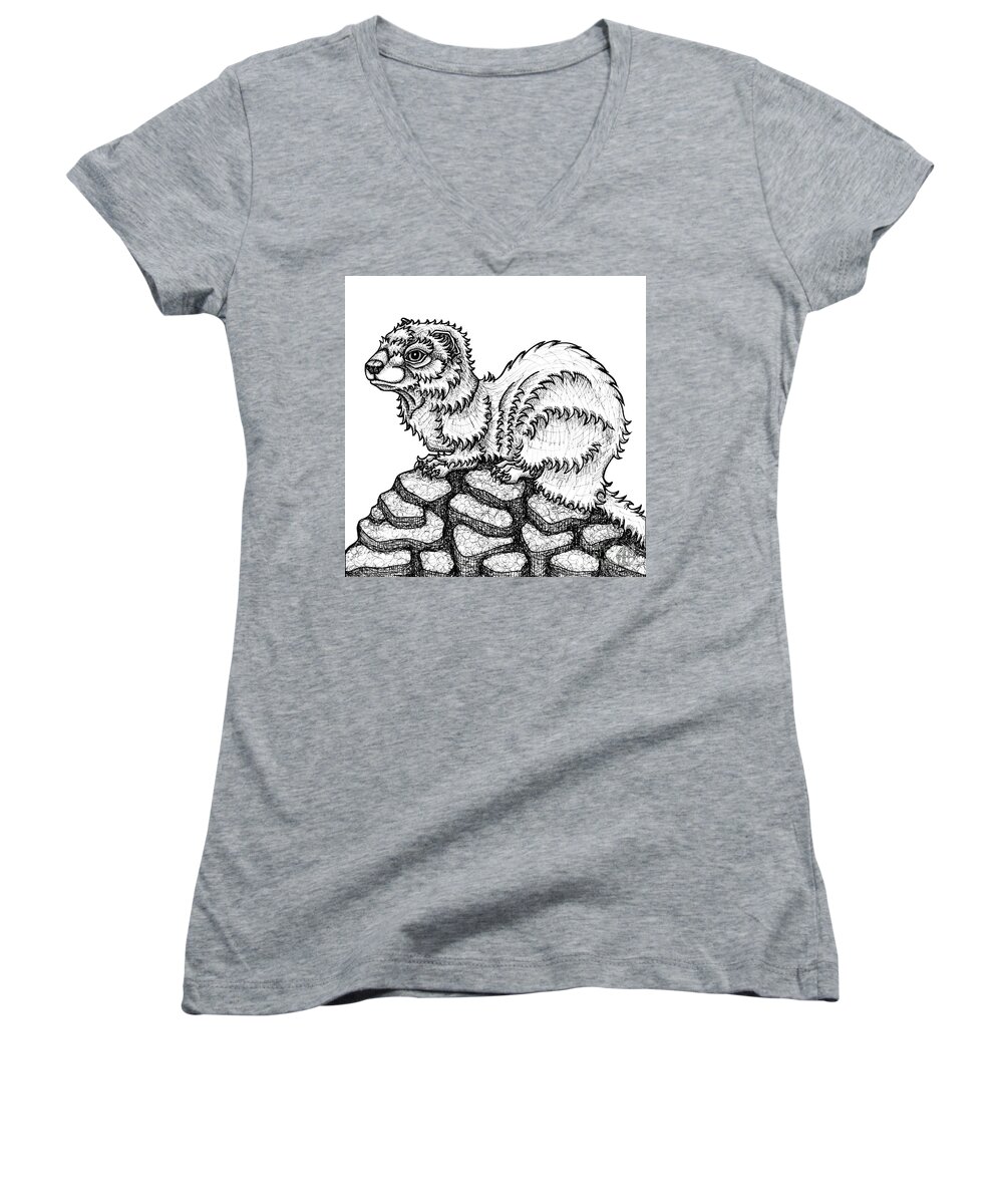 Animal Portrait Women's V-Neck featuring the drawing Weasel by Amy E Fraser