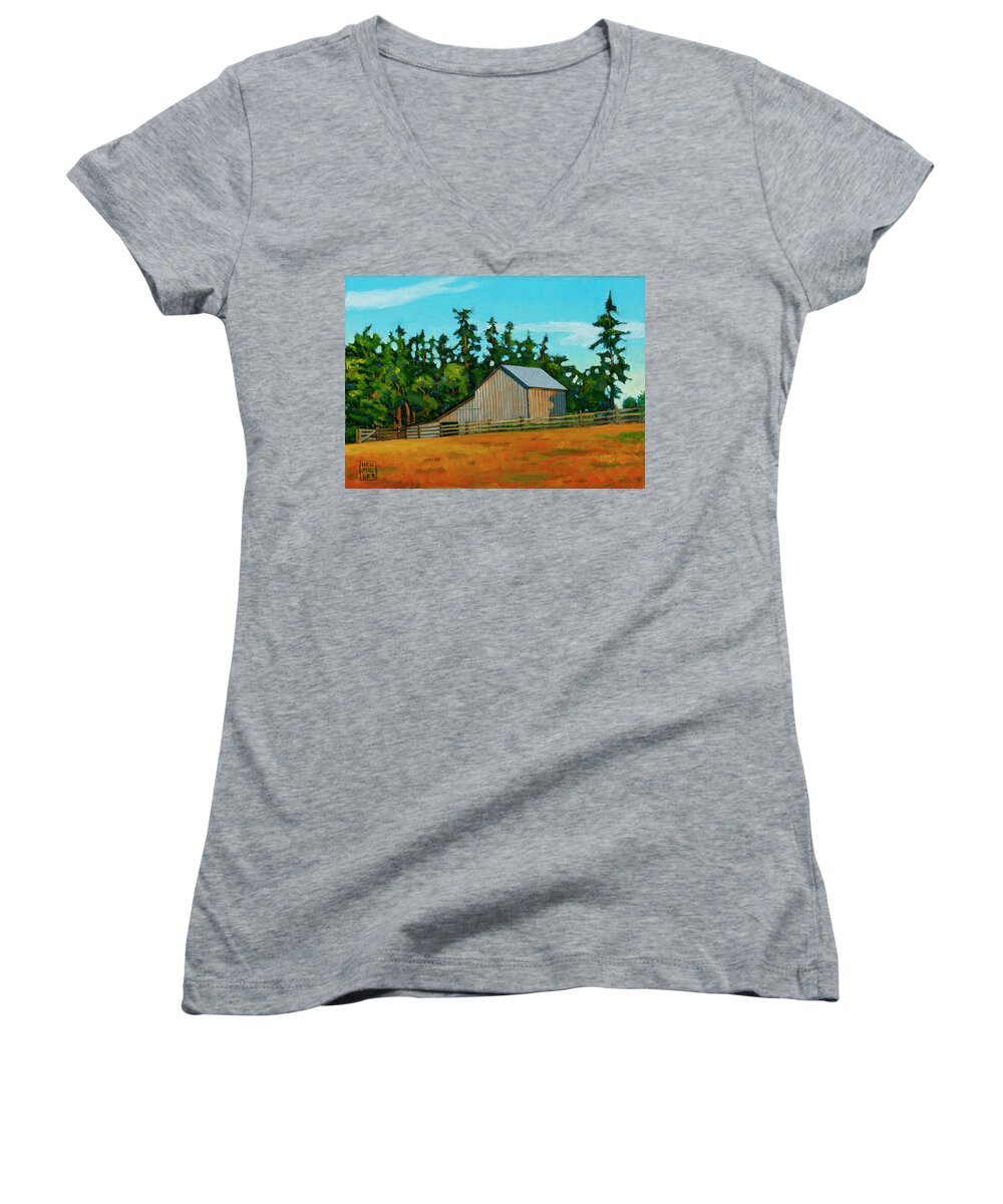 Landscape Women's V-Neck featuring the painting West Beach Barn by Stacey Neumiller