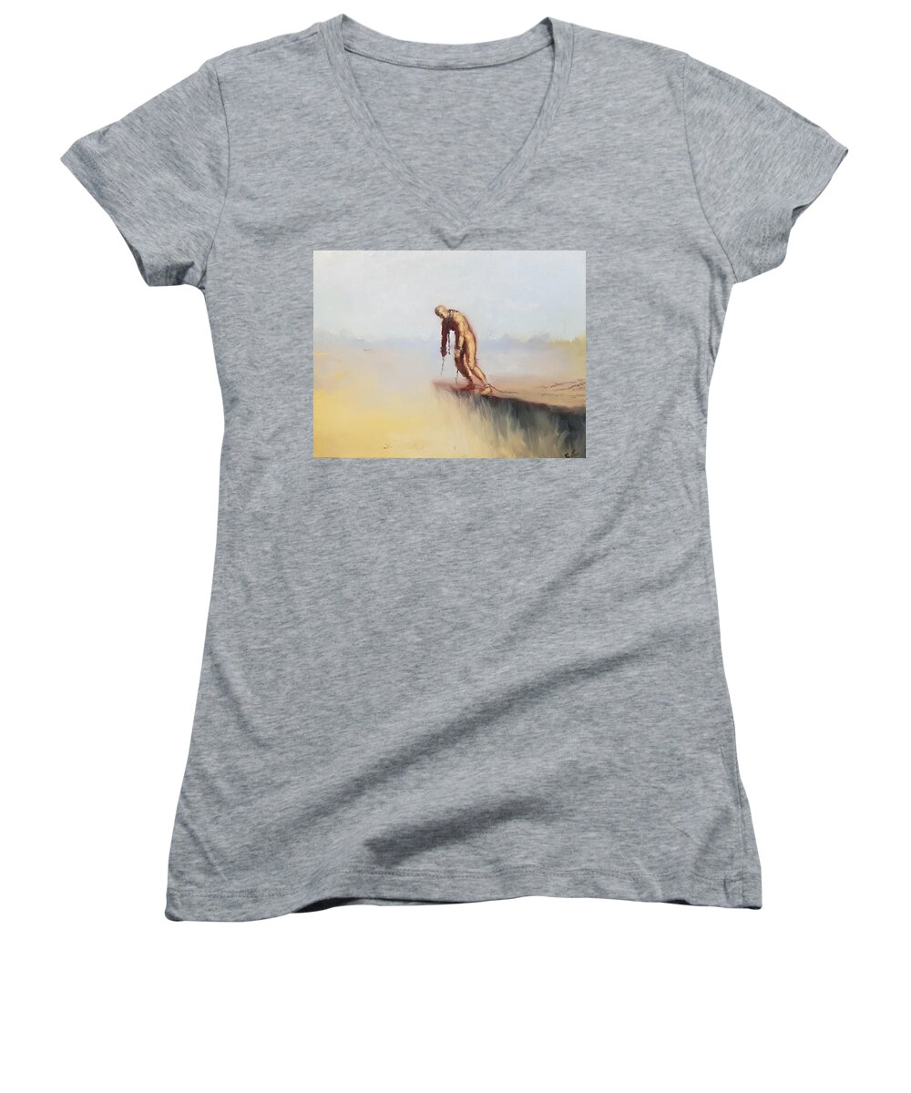 Women's V-Neck featuring the painting Where the fighting ends by Art of Raman