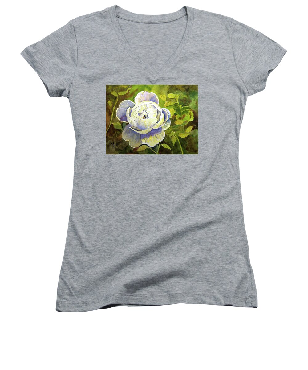 White Rose Women's V-Neck featuring the painting White Rose by Margaret Zabor