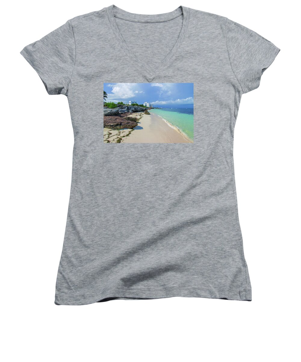 Caribbean Women's V-Neck featuring the photograph White sandy beach of Cancun by Sun Travels