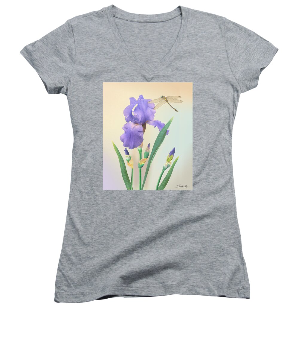 Flower Women's V-Neck featuring the digital art Wild Iris and Dragonfly by M Spadecaller